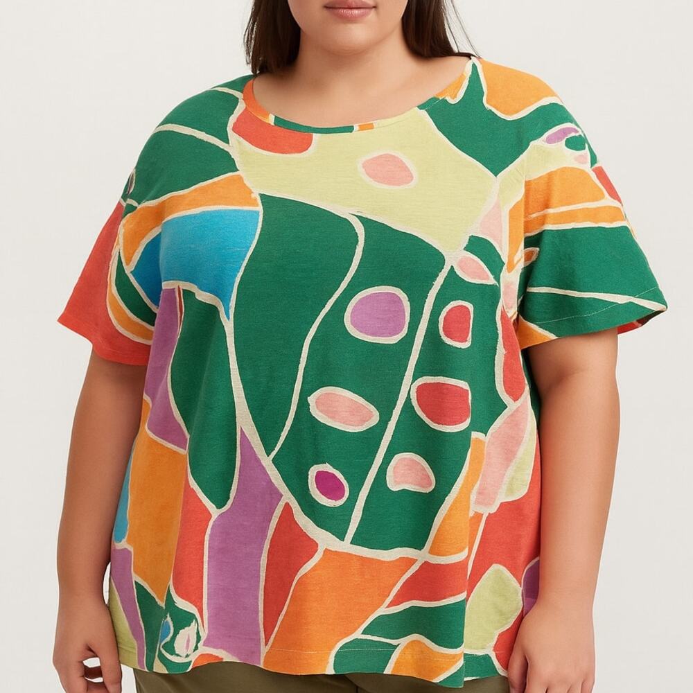 Christian Siriano NWT 100% Linen Abstract Print‎ Tee Short Sleeve Back Button 3X